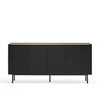 A modern black sideboard cabinet with four doors, slim black legs, and a light wood top edge, shown against a plain white background.