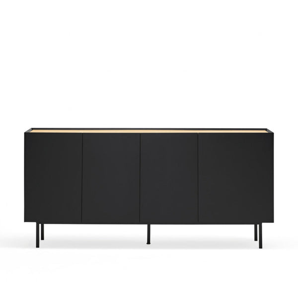 A modern black sideboard cabinet with four doors, slim black legs, and a light wood top edge, shown against a plain white background.