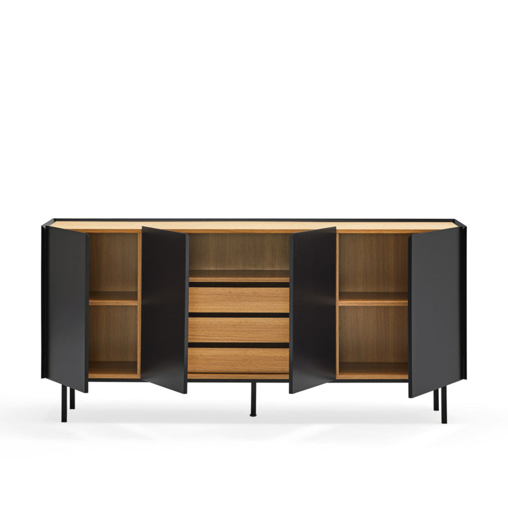 A mid-century modern sideboard cabinet with black exterior doors and a light natural wood interior, shown with the doors open on a white background.