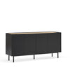 A modern sideboard cabinet with four black doors, slim black legs, and a light natural wood top, shown against a plain white background.