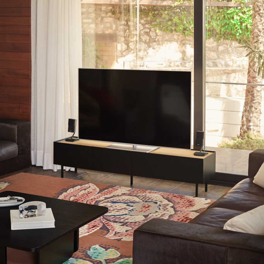 Arista TV Stand & Storage – Two Drawers, One Door, AV Access – Matt Black & Light Oak Finish