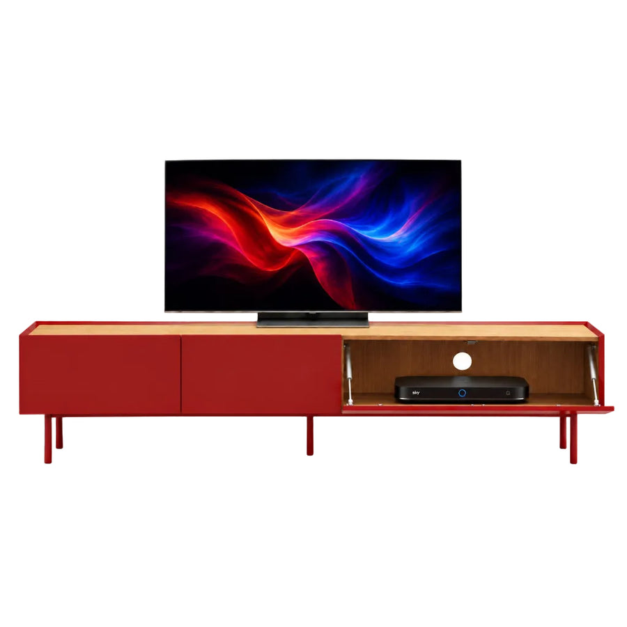 Arista TV Stand & Storage – Two Drawers, One Door, AV Access – Bordeaux Red & Light Oak Finish