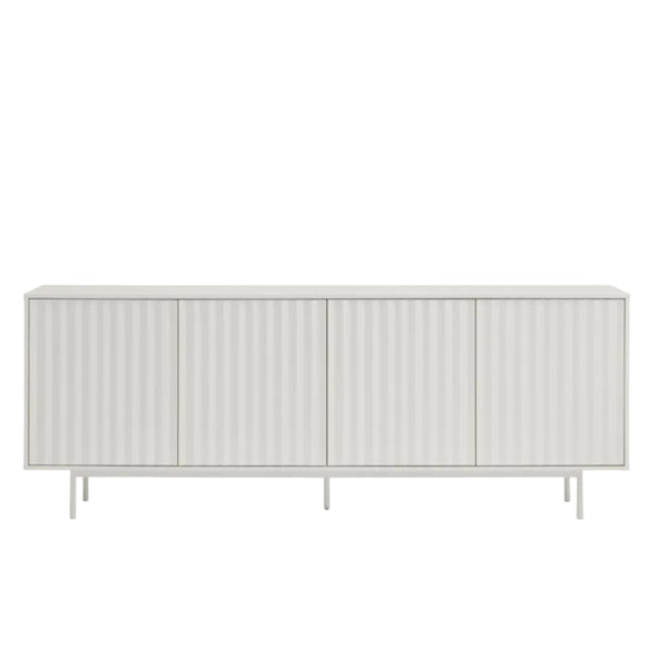 A modern sideboard cabinet with four vertically ribbed doors in a light gray finish, supported by slim metal legs, shown against a plain white background.