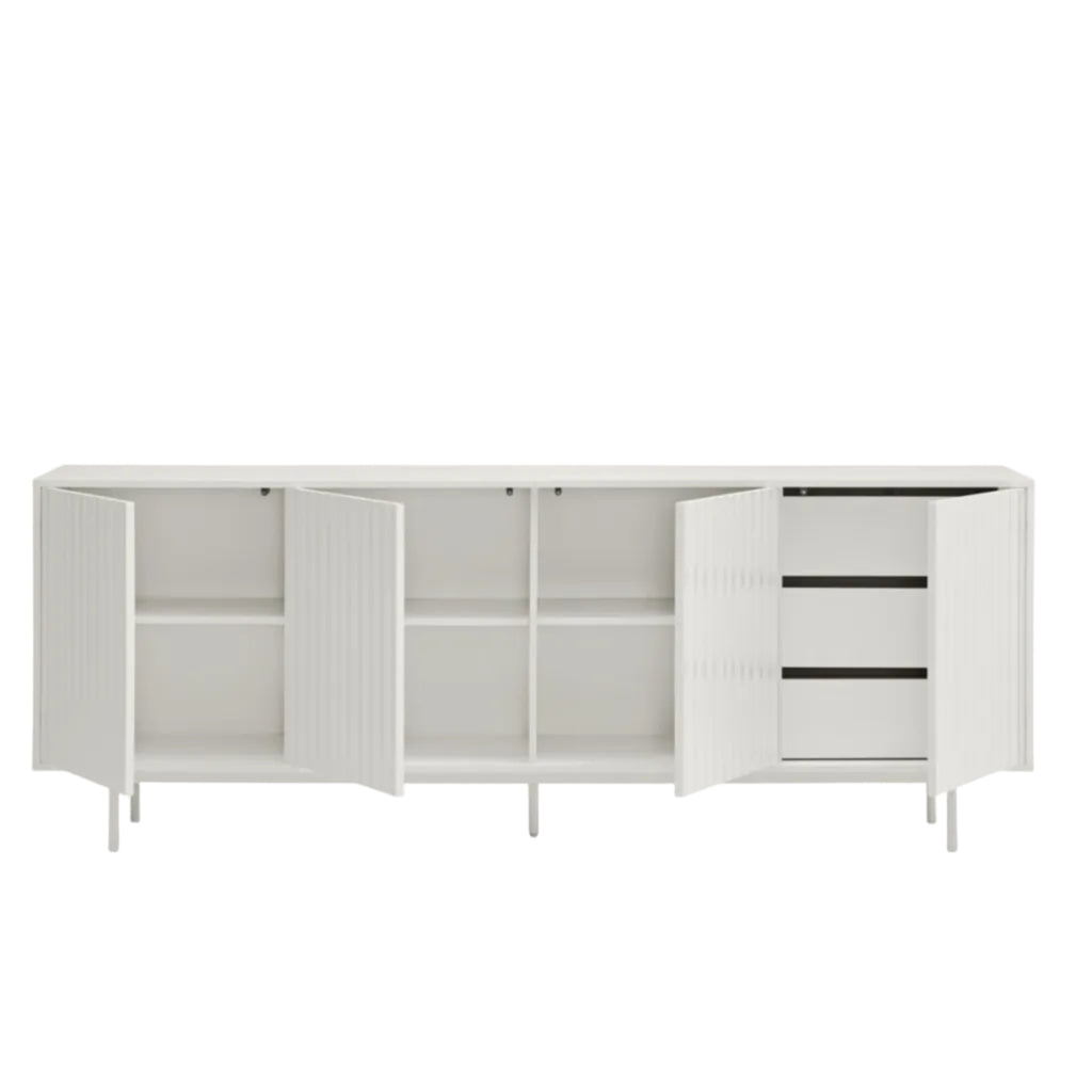 White storage unit with open doors on a white background