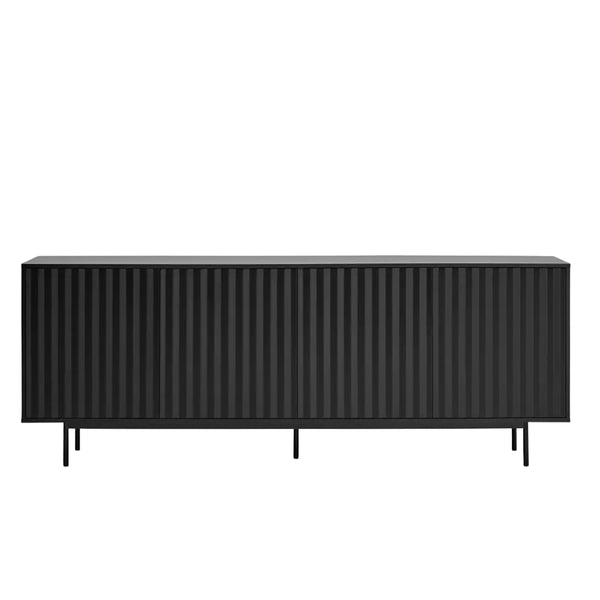 A modern black sideboard or credenza with a fluted front panel and slim black legs, shown against a plain white background.