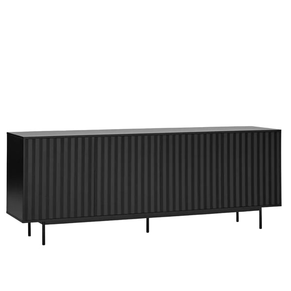 A long black sideboard or credenza with a ribbed front, slim legs, and a flat top, shown on a plain white background.