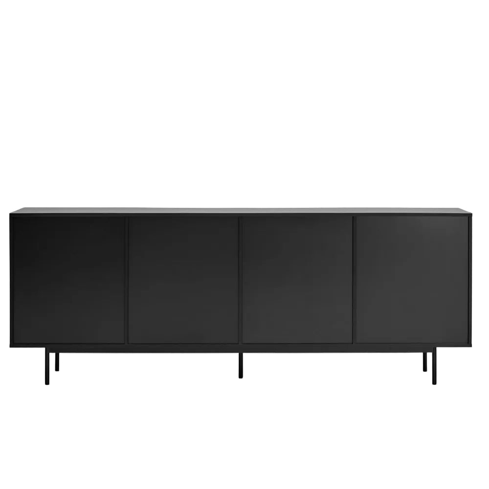 A modern black sideboard cabinet with four doors and slim metal legs, shown from a front-facing perspective on a solid white background.