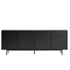 A modern black sideboard cabinet with four doors and slim metal legs, shown from a front-facing perspective on a solid white background.
