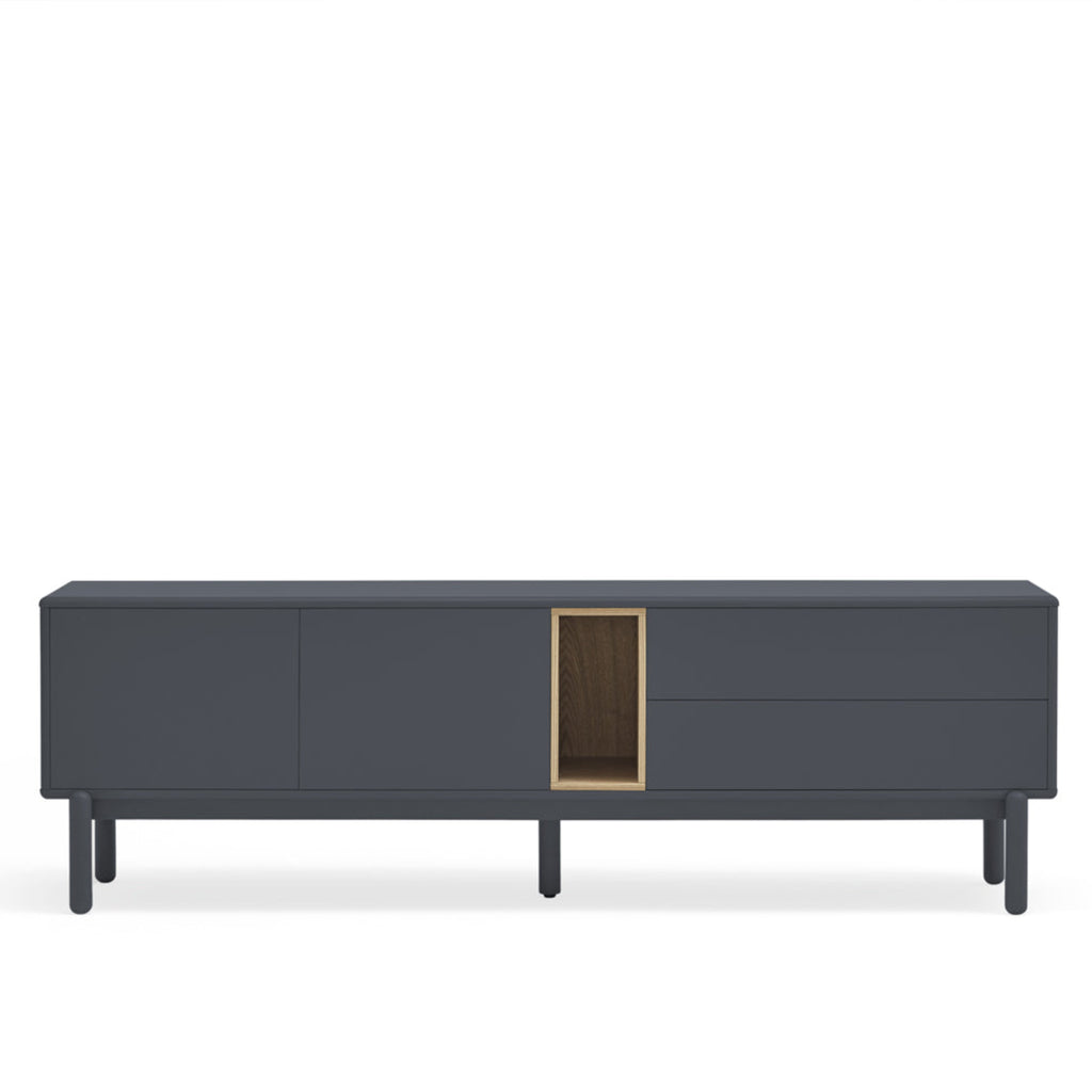 A modern dark gray sideboard or media console with a central vertical wood-grain accent panel framed in gold-toned metal, shown against a plain white background.