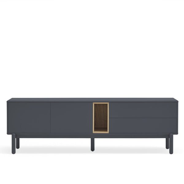 A modern dark gray sideboard or media console with a central vertical wood-grain accent panel framed in gold-toned metal, shown against a plain white background.