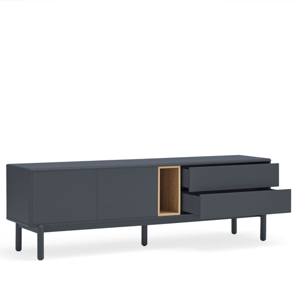 A modern dark gray sideboard or media console with three legs, featuring a central open shelf with a warm wood interior and two stacked drawers on the right, shown against a plain white background.