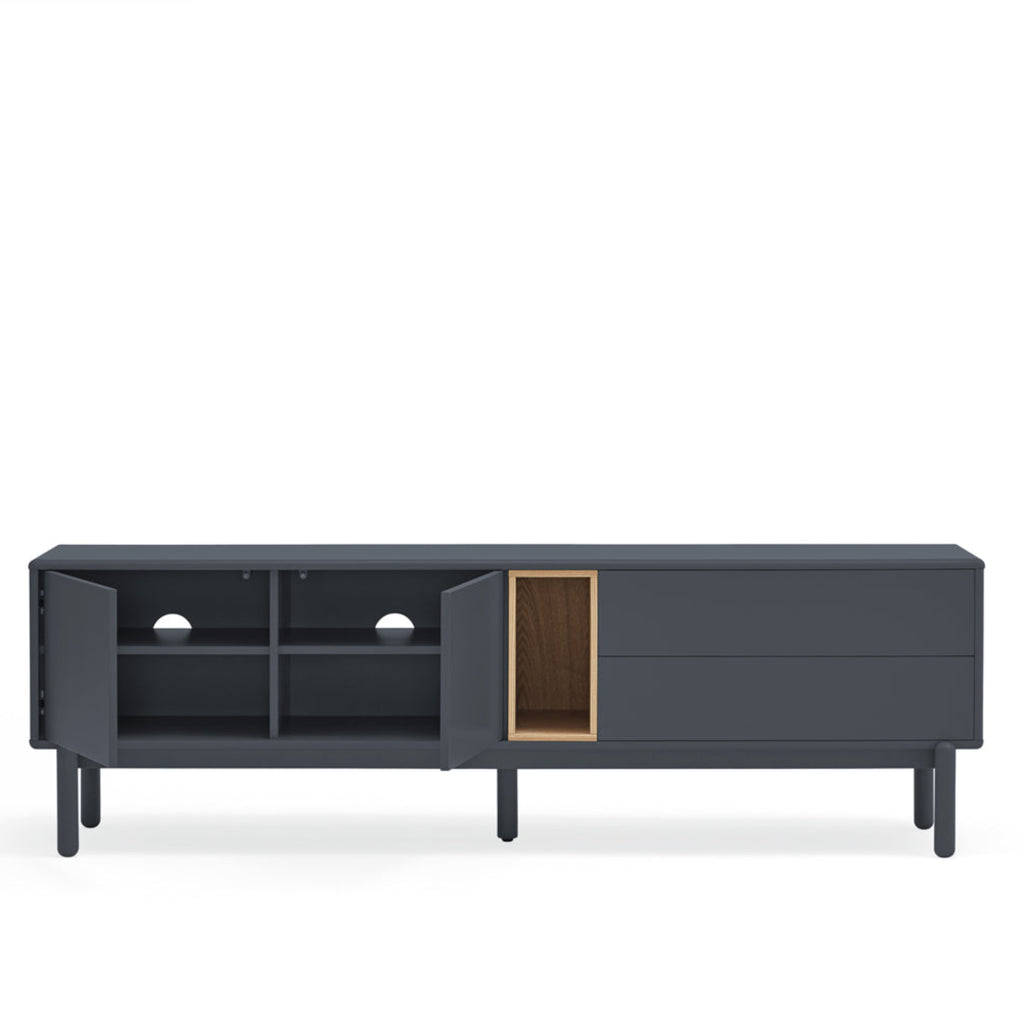 A modern dark gray media console with black legs, featuring an open cabinet on the left, two drawers on the right, and a single door with a light wood frame on the front.