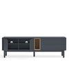 A modern dark gray media console with black legs, featuring an open cabinet on the left, two drawers on the right, and a single door with a light wood frame on the front.