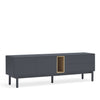 A modern long sideboard or media console in dark charcoal gray, featuring a central open niche with a gold-toned frame, supported by four slim legs, shown on a plain white background.
