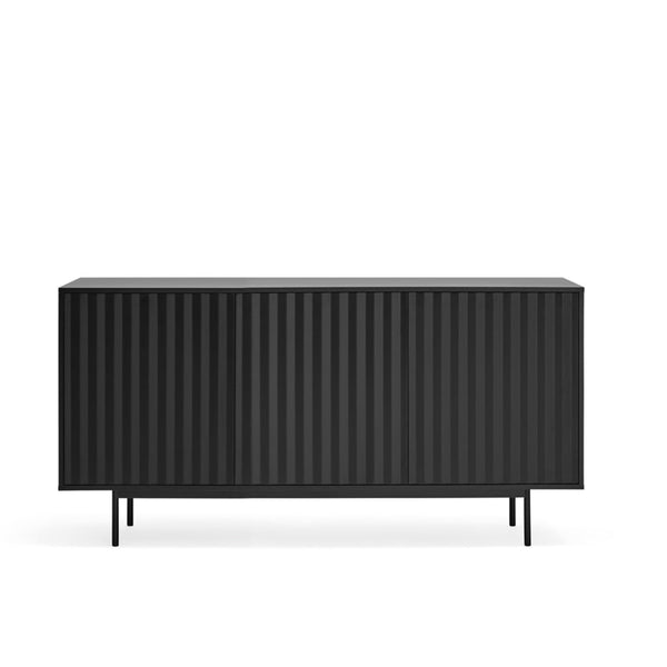 A modern black sideboard cabinet with a ribbed vertical front panel and slim legs, shown against a plain white background.