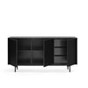 A modern black sideboard cabinet with fluted doors, shown open to reveal two interior compartments and shelves, set against a plain white background.