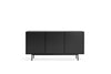 A modern three-door sideboard cabinet in matte black, featuring slim tapered legs, shown against a plain white background.
