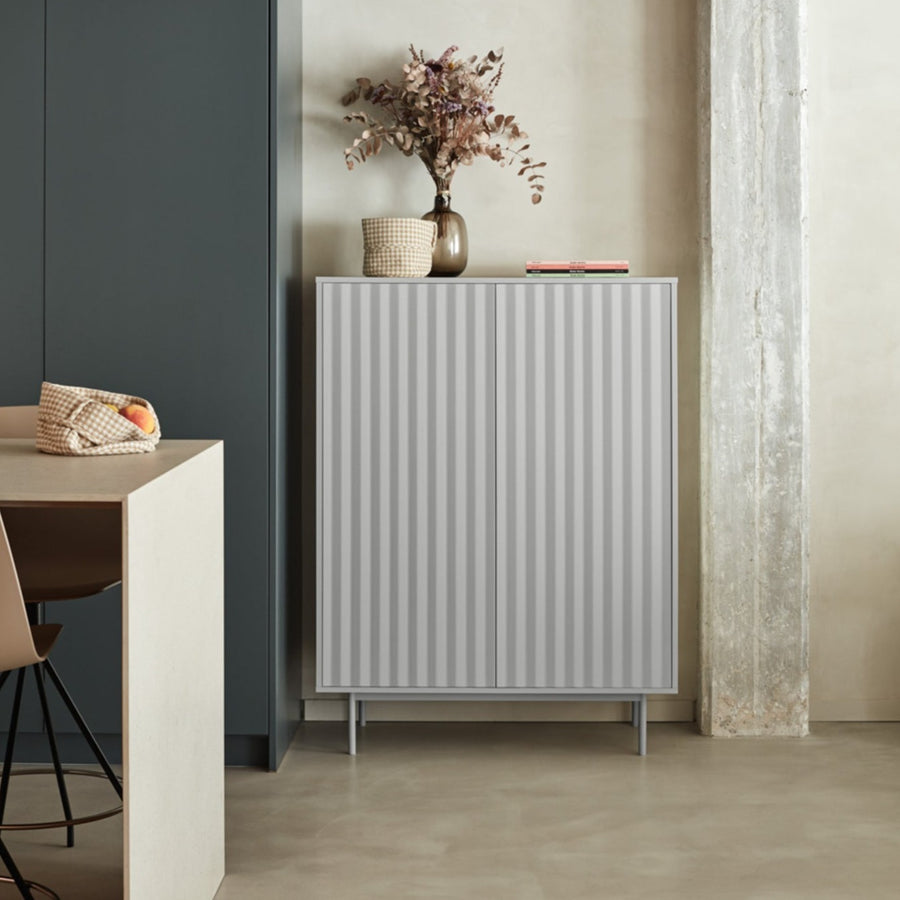 Sierra Highboard Two-Doors Two-Drawer Four-Shelves, Wood with Metal Frame - Matt Light Grey Finish