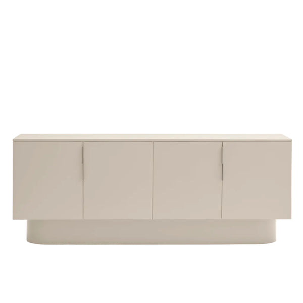 A modern low-profile sideboard or credenza with four tall rectangular doors and slim vertical handles, shown against a plain white background.