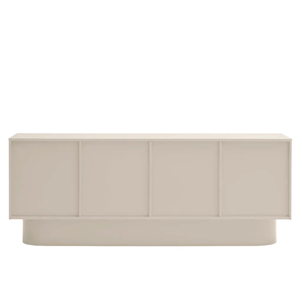 A modern sideboard or credenza in a light beige finish, featuring four tall cabinet doors and a matching low base, shown against a plain white background.