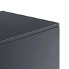 Close-up of the corner of a dark charcoal gray appliance, showing the top edge and side panel against a plain white background.