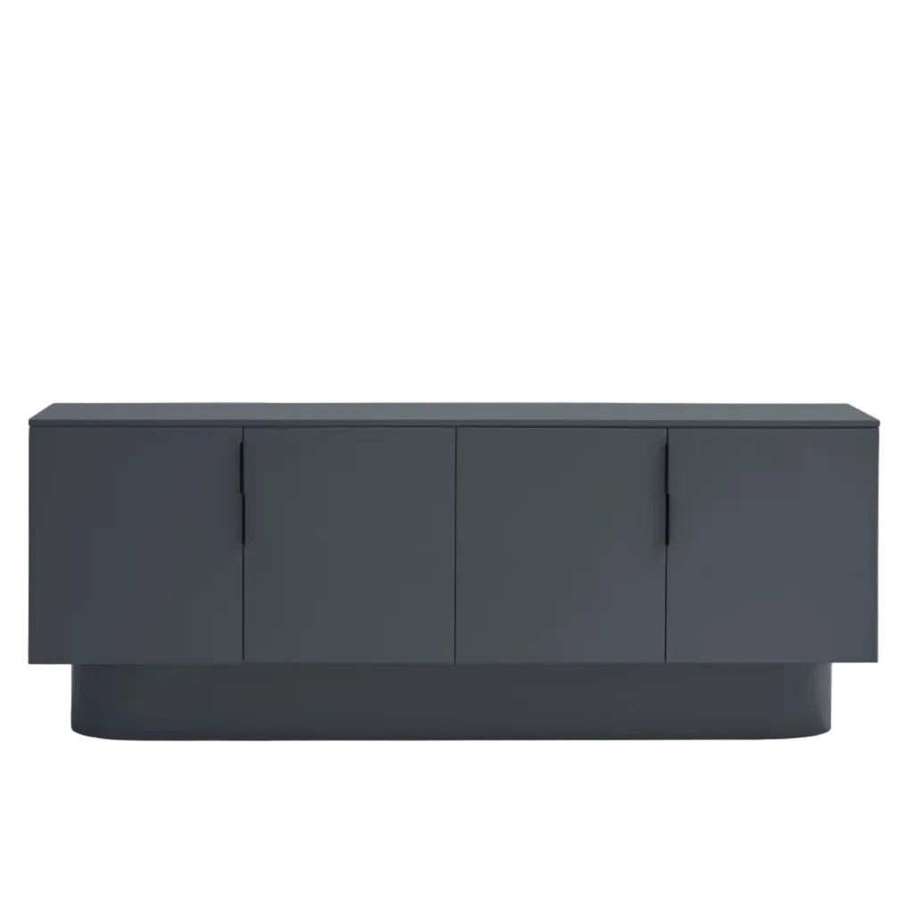 A modern dark gray sideboard or credenza with four cabinet doors and slim vertical handles, shown from the front on a plain white background.