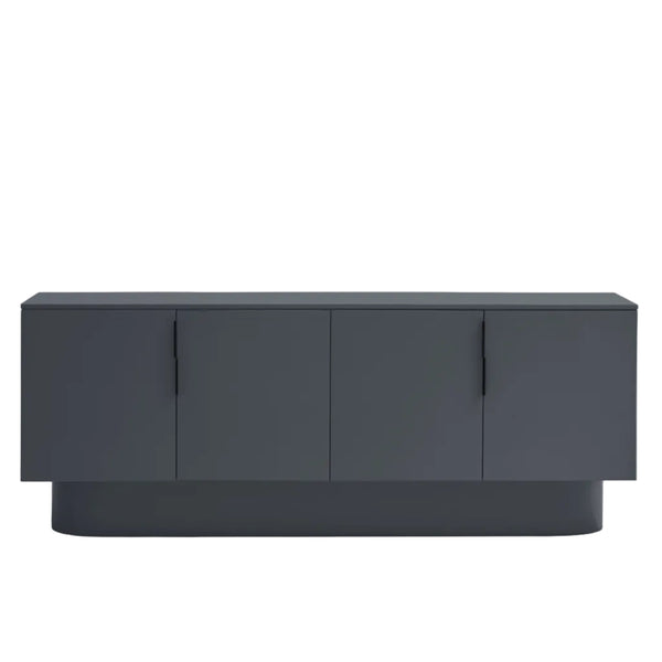 A modern dark gray sideboard or credenza with four cabinet doors and slim vertical handles, shown from the front on a plain white background.