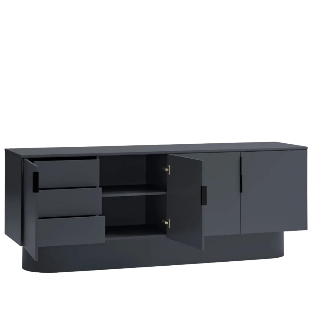 A modern dark gray media console with three drawers on the left, an open center compartment with a shelf, and two doors on the right, shown on a solid white background.