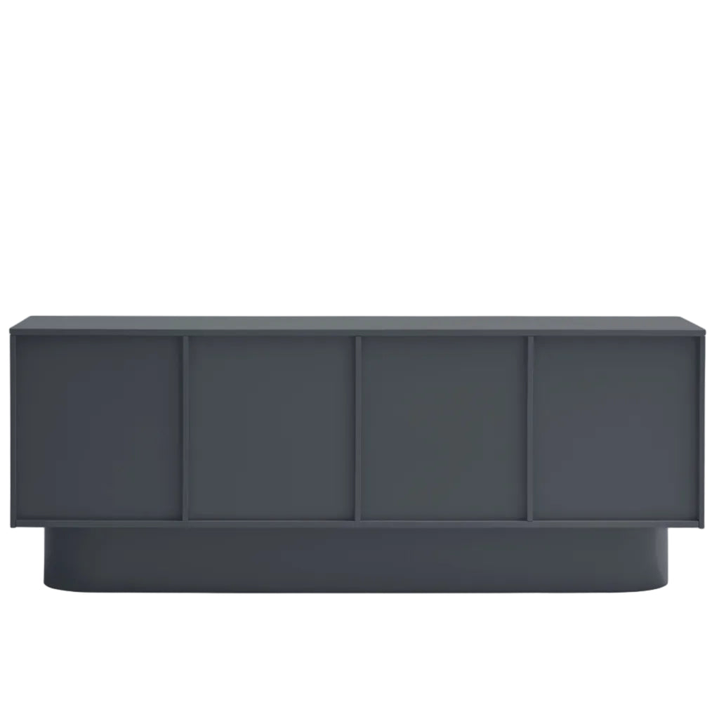 A modern dark gray sideboard or credenza with a low rectangular base and four front panels, shown against a plain white background.