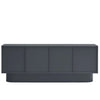 A modern dark gray sideboard or credenza with a low rectangular base and four front panels, shown against a plain white background.