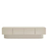 A modern low-profile sideboard or credenza in a light beige finish, featuring four cabinet doors and a matching rounded base, shown against a plain white background.