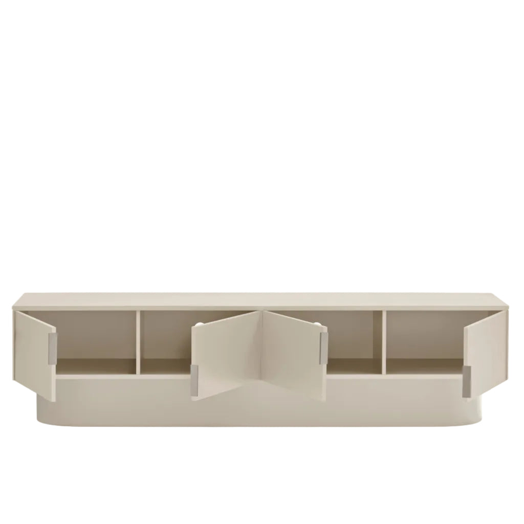 A modern, minimalist storage bench or console table in a light beige/cream finish, featuring three open cabinet doors and open shelving compartments, shown on a clean white background.