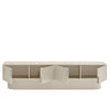 A modern, minimalist storage bench or console table in a light beige/cream finish, featuring three open cabinet doors and open shelving compartments, shown on a clean white background.