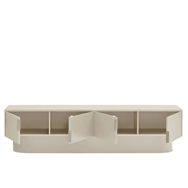 A modern, minimalist storage bench or console table in a light beige/cream finish, featuring three open cabinet doors and open shelving compartments, shown on a clean white background.