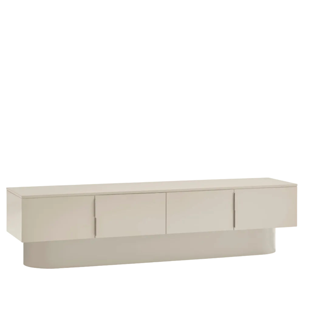 A modern low-profile sideboard or credenza with a curved base, featuring four front doors in a light beige finish, set against a plain white background.