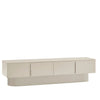 A modern low-profile sideboard or credenza with a curved base, featuring four front doors in a light beige finish, set against a plain white background.