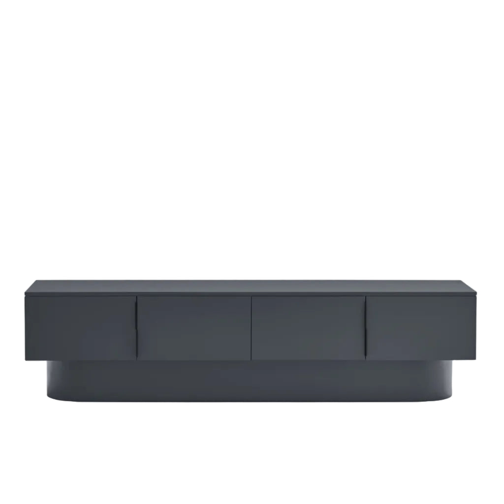 A modern low-profile sideboard or console table with a dark charcoal gray finish, featuring three front-facing cabinet doors and a rounded base, shown against a plain white background.