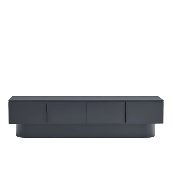 A modern low-profile sideboard or console table with a dark charcoal gray finish, featuring three front-facing cabinet doors and a rounded base, shown against a plain white background.