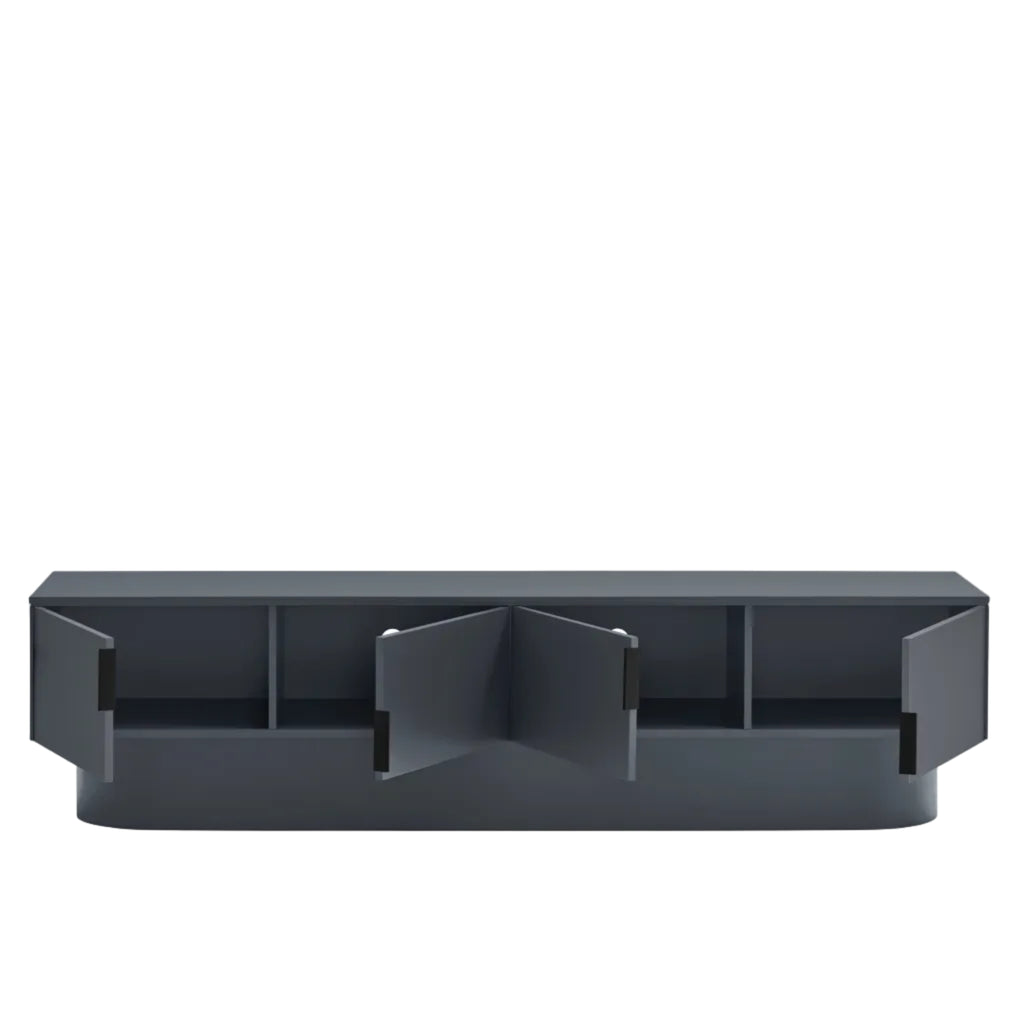 A dark gray modern console table with integrated side drawers and a central open shelf, shown from a front angle on a white background.