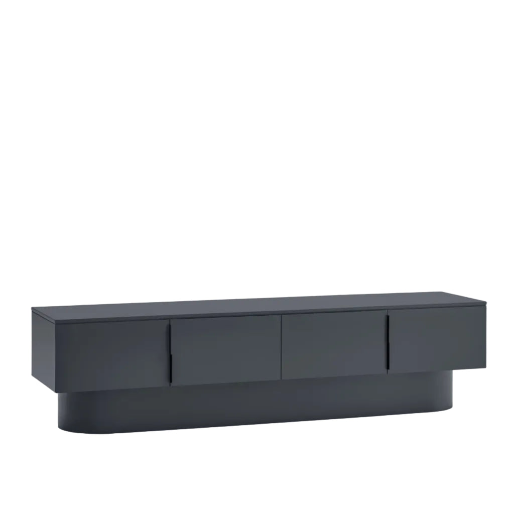 A modern dark gray sideboard or media console with three cabinet doors and a sculptural curved base, shown on a plain white background.