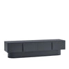 A modern dark gray sideboard or media console with three cabinet doors and a sculptural curved base, shown on a plain white background.