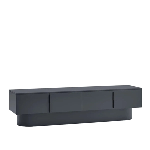 A modern dark gray sideboard or media console with three cabinet doors and a sculptural curved base, shown on a plain white background.