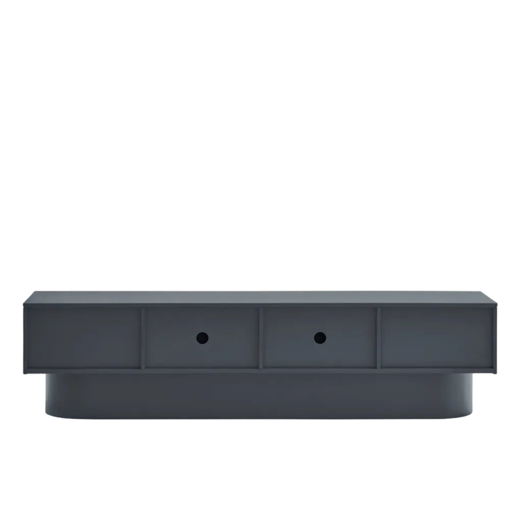 A modern dark gray low-profile media console with three front-facing drawers and a rounded base, shown against a plain white background.