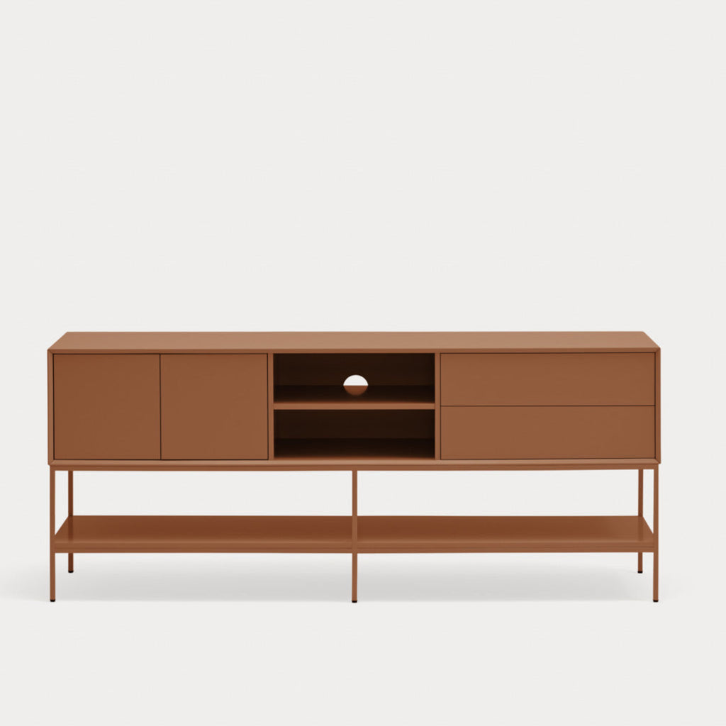 A mid-century modern sideboard cabinet with a warm brown finish, featuring two cabinet doors, two drawers, an open center shelf, and a lower open shelf supported by slim metal legs, shown against a light gray background.
