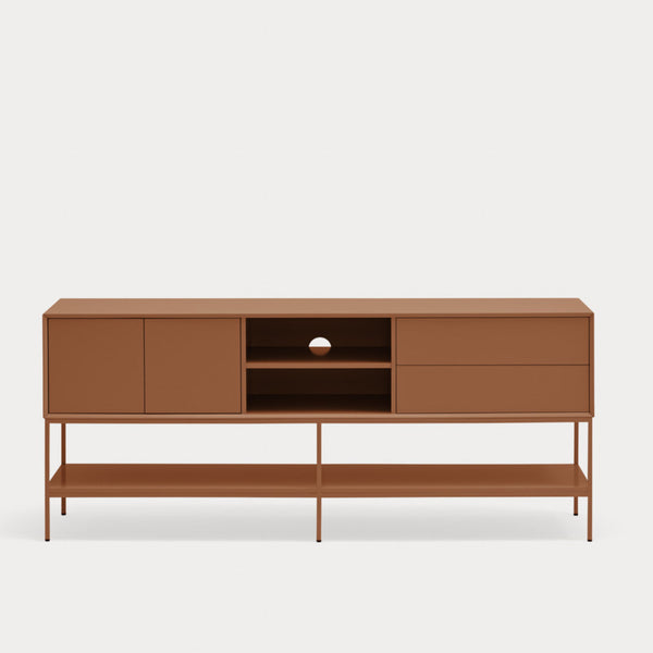 A mid-century modern sideboard cabinet with a warm brown finish, featuring two cabinet doors, two drawers, an open center shelf, and a lower open shelf supported by slim metal legs, shown against a light gray background.