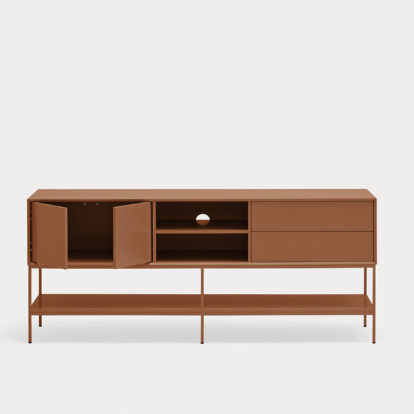 A mid-century modern sideboard cabinet in a warm terracotta brown finish, featuring two open doors, two drawers, open shelves, and a lower open shelf supported by slim metal legs, set against a solid light gray background.