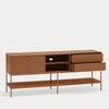 A mid-century modern sideboard cabinet in a warm reddish-brown finish, featuring two cabinet doors, two drawers, an open center shelf, and an open lower shelf supported by slim metal legs, shown against a light gray background.