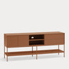 A mid-century modern sideboard cabinet in a warm brown finish, featuring two cabinet doors, two drawers, an open center shelf, and an open lower shelf supported by slim metal legs, shown against a light gray background.