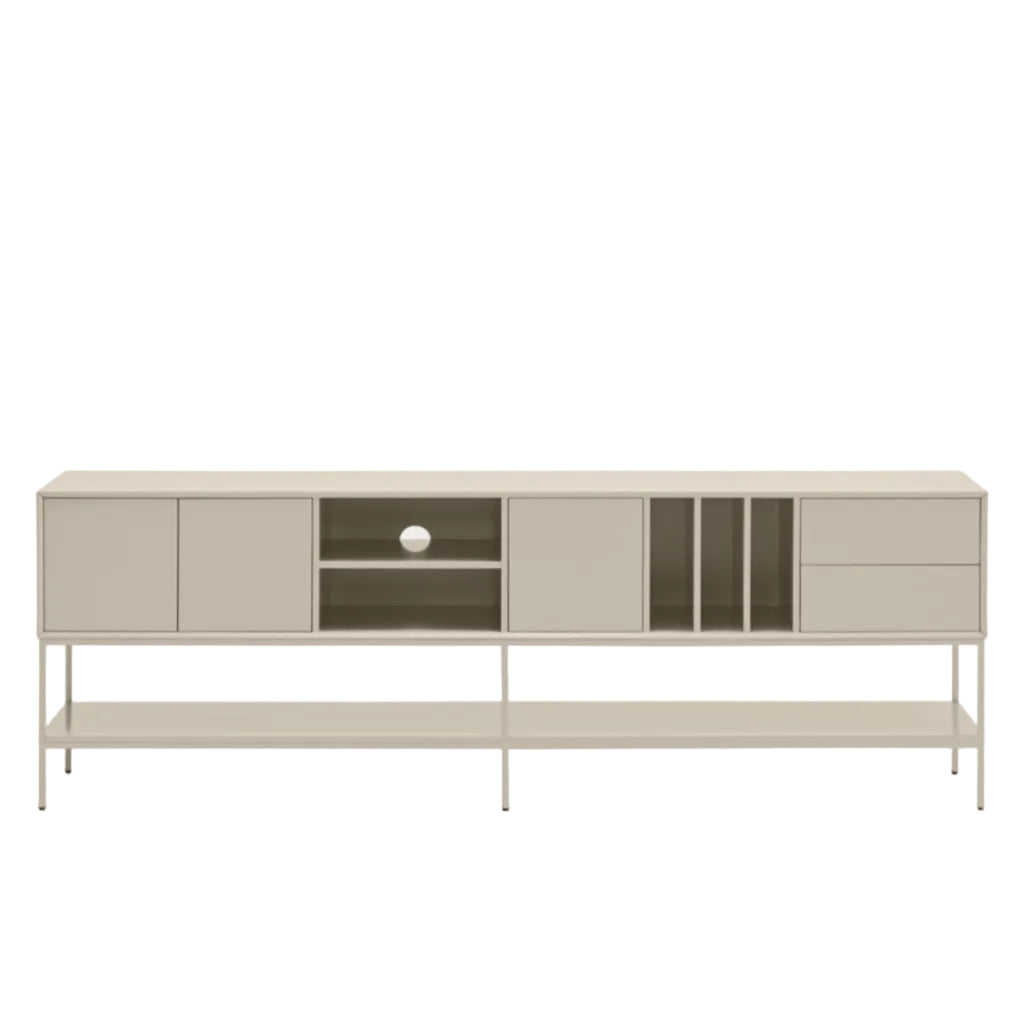 A modern low-profile sideboard cabinet with a light beige finish, featuring multiple doors, open shelves, and a slim metal frame, shown against a plain light gray background.