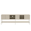 A modern low-profile sideboard cabinet with a light beige finish, featuring multiple doors, open shelves, and a slim metal frame, shown against a plain light gray background.